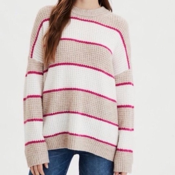 American Eagle Outfitters Sweaters - AEO Dreamspun Pink Cream Tan Oversized Stripe Sweater XS
